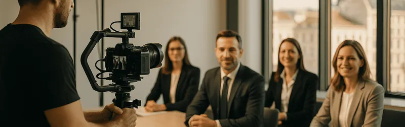 Dreh eines Unternehmensvideos in einem Wiener Büro: Kameramann filmt ein Business-Team mit professionellem Licht
