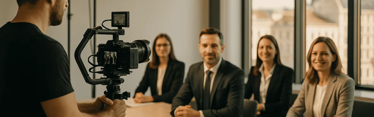 Dreh eines Unternehmensvideos in einem Wiener Büro: Kameramann filmt ein Business-Team mit professionellem Licht