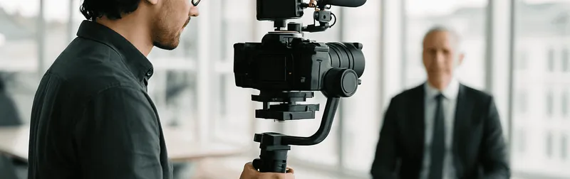 Videograf filmt ein Business-Interview mit Kamera auf Gimbal in einem hellen Büro in Wien