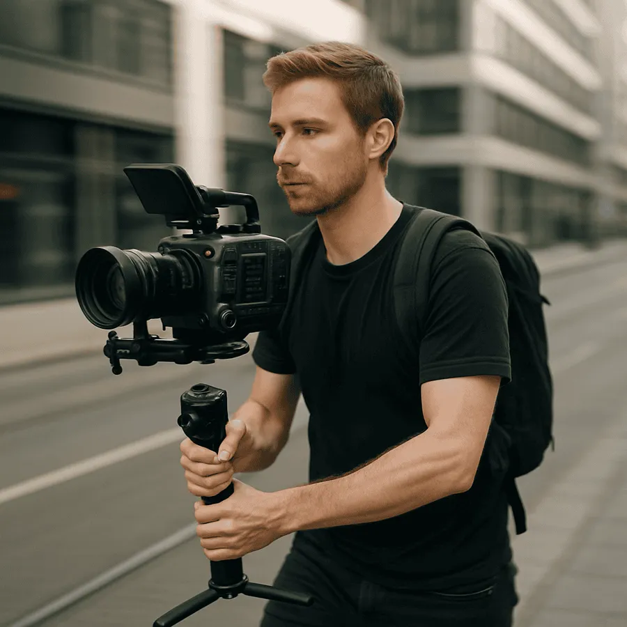 Kameramann mit Gimbal in Bewegung an einer Location, dynamische Videoproduktion Wien vor Ort