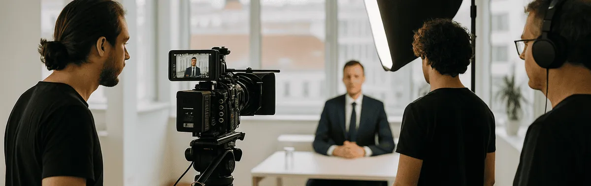 Professionelle Videoproduktion für Unternehmen: Filmteam mit Kamera und Licht bei einem Dreh in einem Wiener Büro