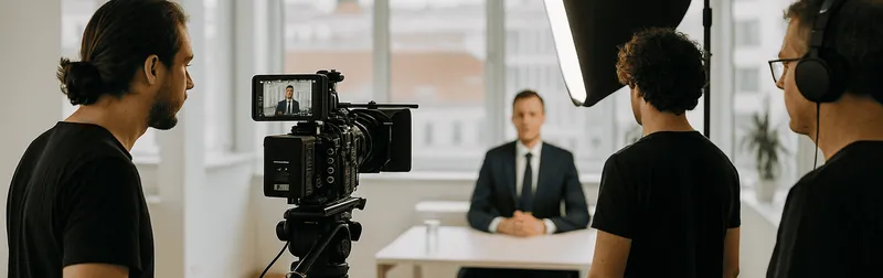 Professionelle Videoproduktion für Unternehmen: Filmteam mit Kamera und Licht bei einem Dreh in einem Wiener Büro