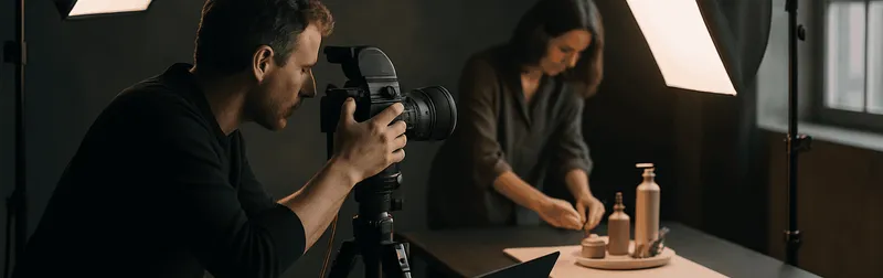 Werbefotograf bei der Arbeit am Set in Wien, Kamera auf Stativ und Studiolicht bei einem Werbeshooting