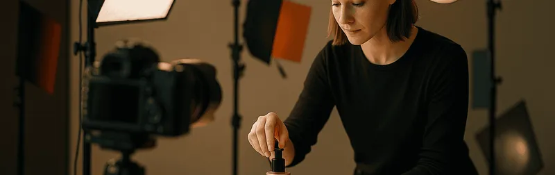 Werbefotografie im Studio in Wien: ausgeleuchtetes Set mit Produkt, Kamera und Lichtformern für eine Werbekampagne